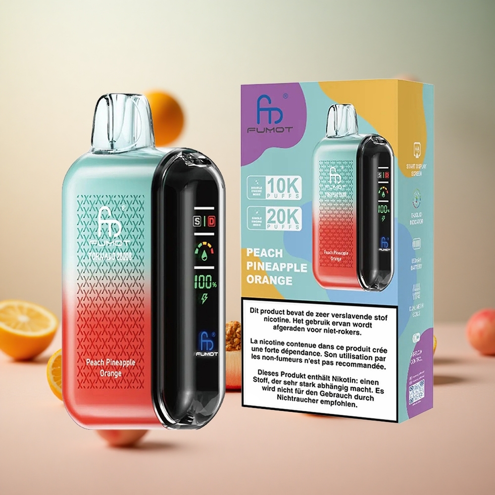 Fumot Tornado 20000 Puffs Breskeva Ananas Oranžna Vape Slovenia Dual Mesh Coil 20ml E-liquid Capacity