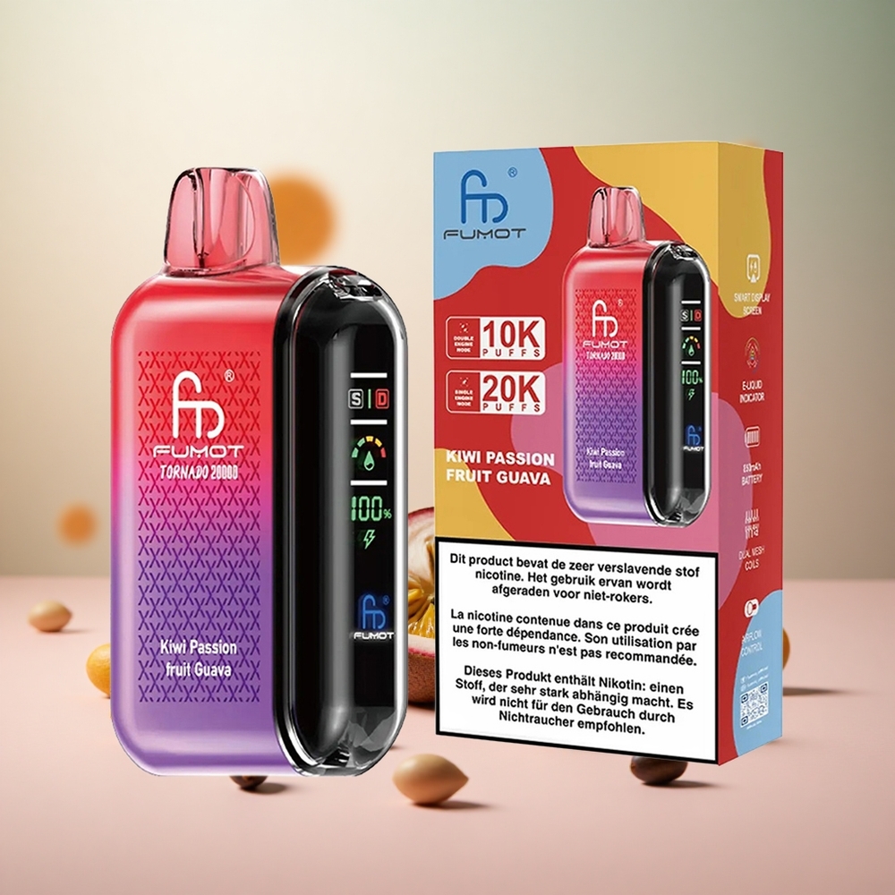 Fumot Tornado 20000 Puffs Disposable Vape Kivi Pasijonka Guava Vape Slovenia Dual Mesh Coil 20ml E-liquid Capacity