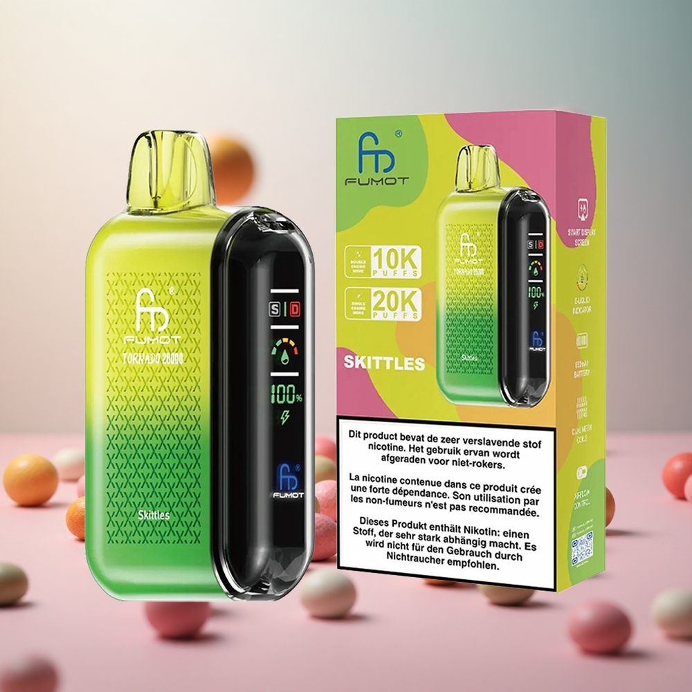 Fumot Tornado 20000 Puffs Dispozabilni Vape Skittles (Smart Display, 2% Nikotinska Moč) Vape Slovenia 20ml E-tekočina, 850mAh Baterija
