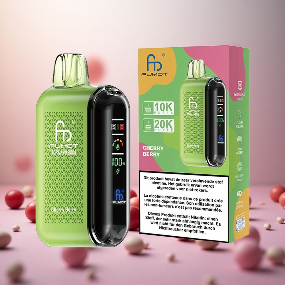 Fumot Tornado 20000 Puffs Češnja Jagoda Vape Slovenia Dual Mesh Coil 20ml E-liquid Capacity